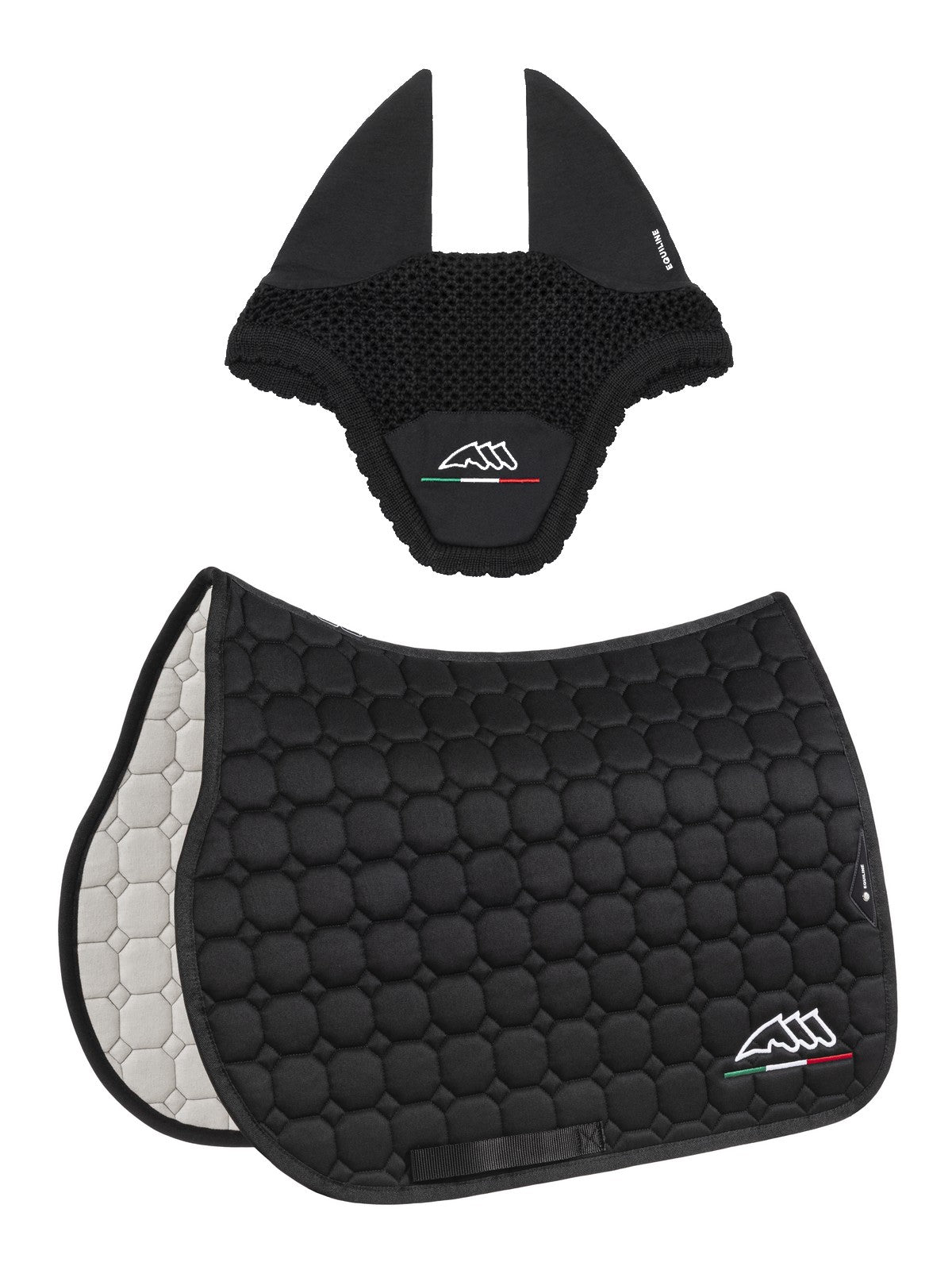 Ensemble tapis de selle et bonnet anti-mouches Equiline Eqflaggy Noir Pony