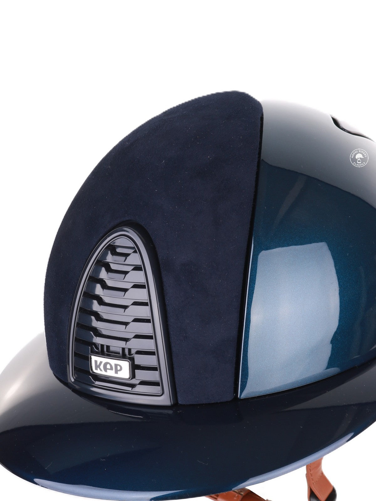Kep Italia Paardrijhelm Cromo 2.0 Shine Polo Klep Blauw RAW Frame Suede Blue Insert Beige Kinband