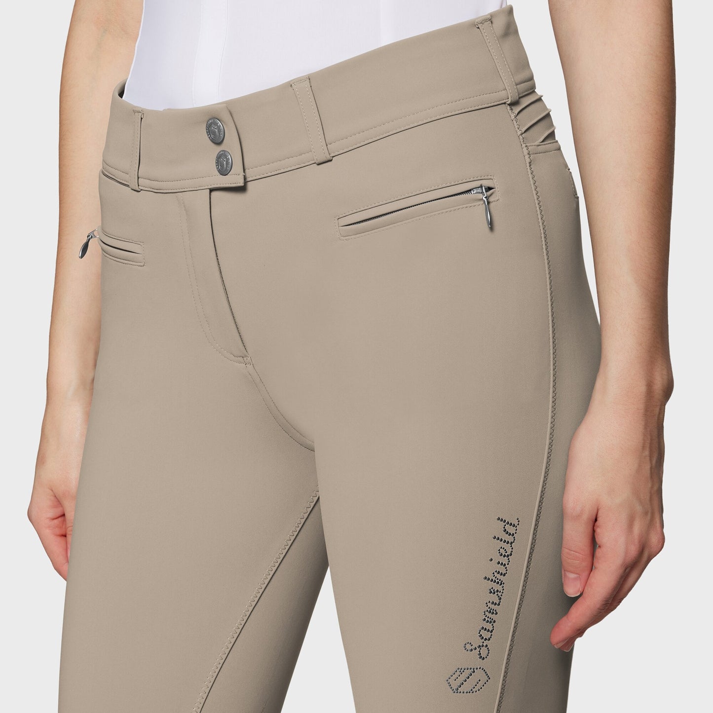 Samshield Pantalon d'équitation Full Grip Femme Clara à pois métalliques et bande haute Sand