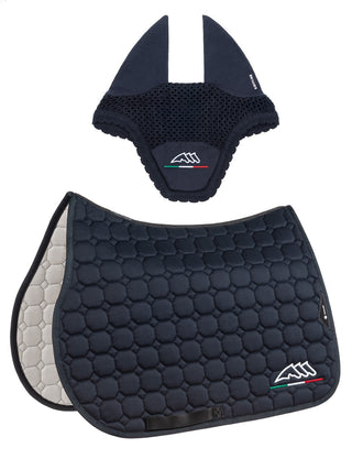 Ensemble tapis de selle et bonnet anti-mouches Equiline Eqflaggy Navy Pony
