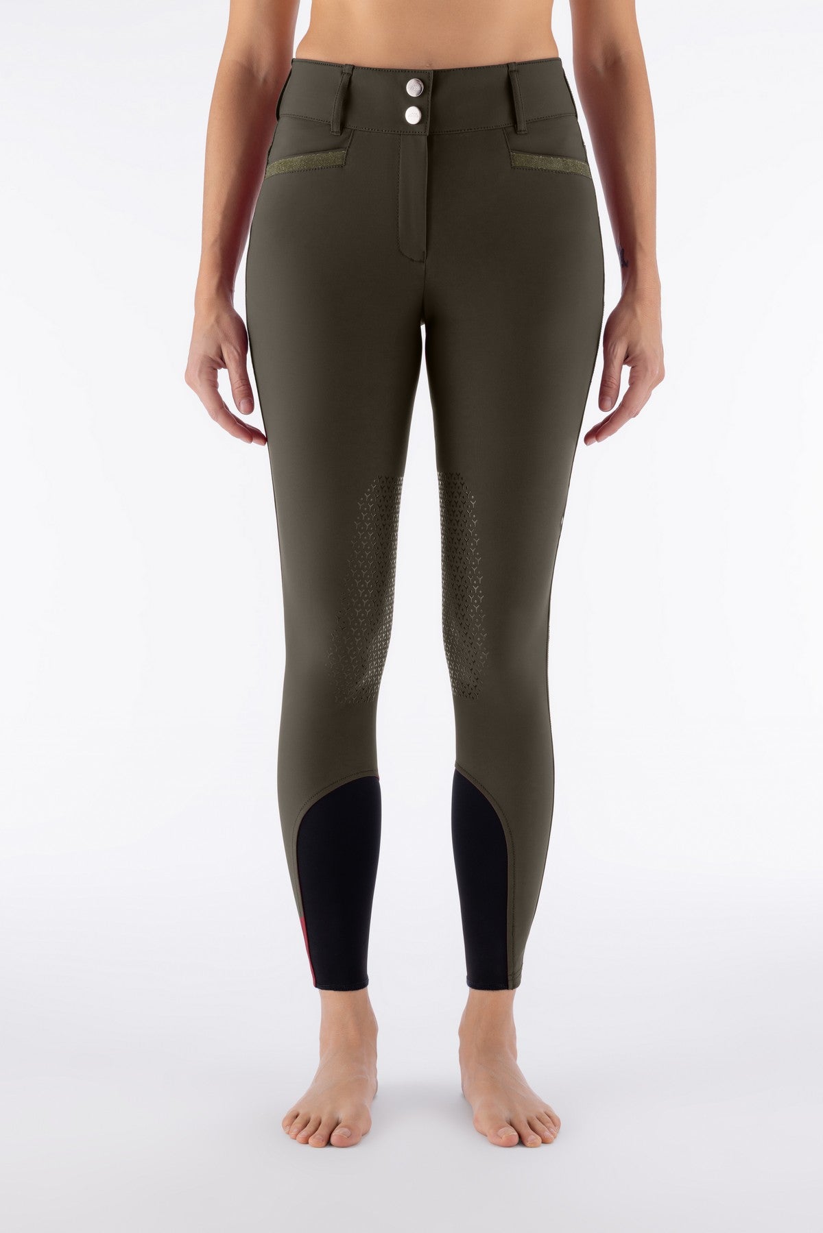 Equiline Pantalon d'Équitation Femme Knee Grip Taille Haute Eqrystalek Olive Night